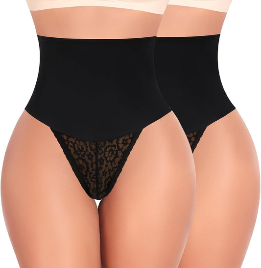 Tummy Control Thong Shapewear for Women Mid High Waisted Body Shaper Underwear Lace Shaping Thong Girdle Panties